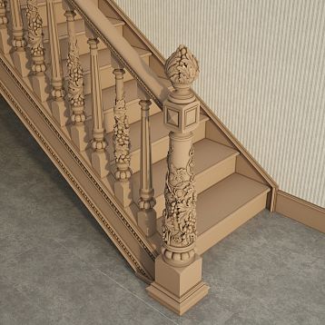 Резная деталь лестницы L-061.02 из дерева, интерьерное фото лестницы