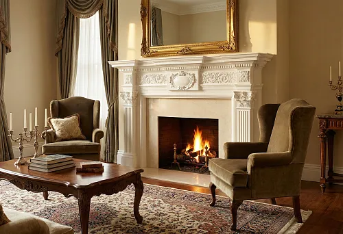 Оформление каминной зоны: лепнина из полиуретана для камина и классическая мебель вокруг