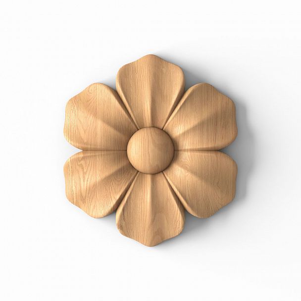 Резная розетка R-036 — универсальный элемент в форме цветка, выполненный в классическом стиле  Благодаря простому и лаконичному дизайну декор можно использовать практически в любом проекте интерьера и мебели
