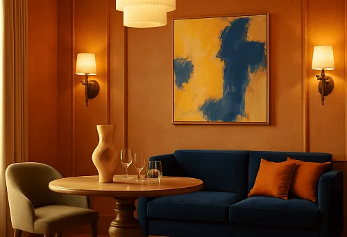 Современная гостиная 2025 года с мягким синим диваном, круглым деревянным столом и дизайнерским освещением