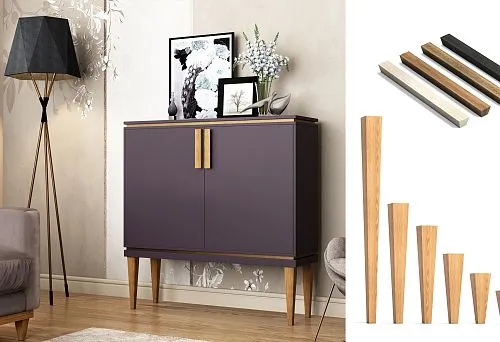 Интерьер городской квартиры с тумбой в графитовом цвете на высоких деревянных ножках