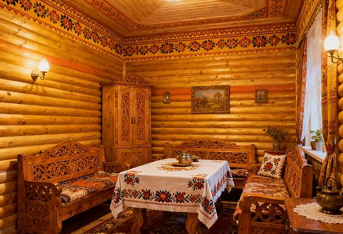 Интерьер в русском стиле с резной деревянной мебелью, стенами из бруса и декоративной рейкой с традиционным орнаментом