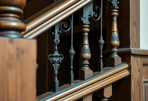 Элегантные деревянные и кованые балясины на лестнице в частном доме