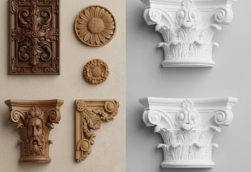 Декоративные элементы мебели — резные и лепные детали из дерева и полиуретана.