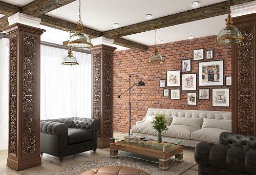 Деревянный стол с минималистичным дизайном в уютной гостиной