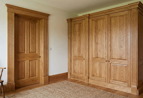 Наличники деревянные дуб вокруг двери и дубовый шкаф: единый профиль и тон дерева связывают проём и мебель