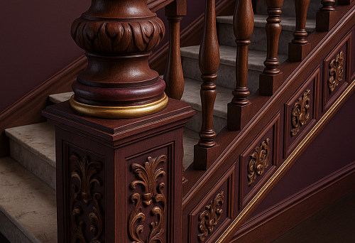 Изысканное основание деревянной колонны с резными растительными орнаментами и золотыми акцентами