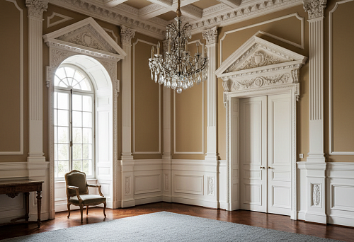 Интерьер с декоративными элементами: углами, фронтонами и лепниной в классическом стиле