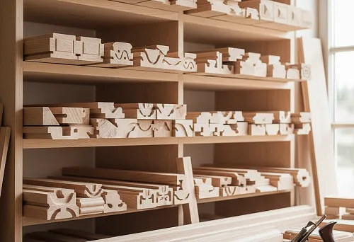 Полки с заготовками погонажа из бука в столярной мастерской