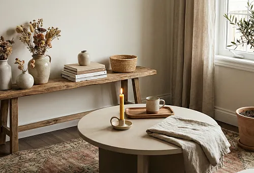 Уютная гостиная с деревянной скамьёй, керамическими вазами и сухоцветами в натуральной цветовой гамме.