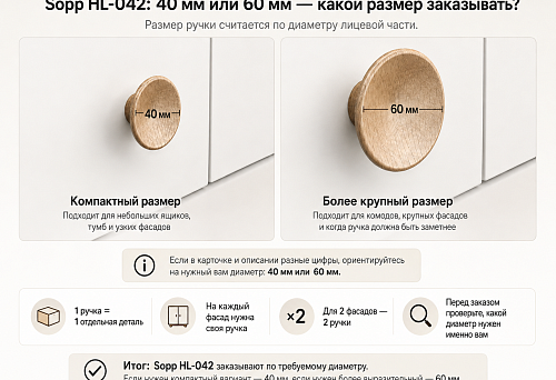 В карточке Sopp HL-042 указано 60 мм, а в описании — 40 мм: какой размер круглой деревянной ручки заказывать