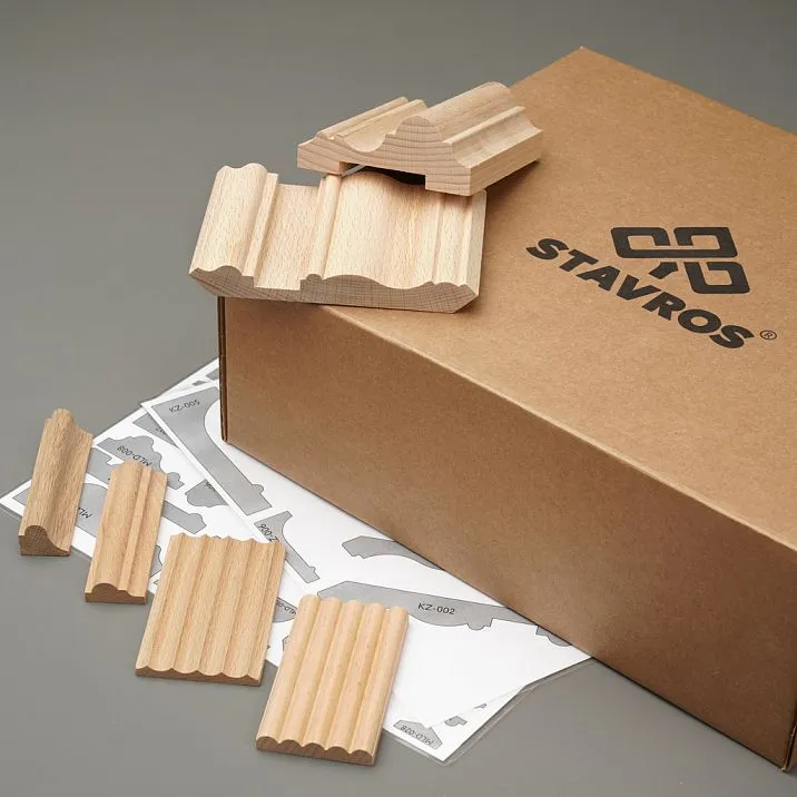 Фрагмент набора OMLD-005 с образцами рифленых, фигурных и классических молдингов из массива дерева