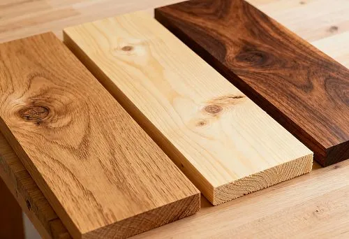 Древесные породы для мебели: светлая сосна, тёмный орех и дуб.