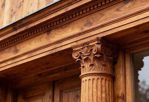 Фасадный декор из дерева в Санкт-Петербурге с резными колоннами и классическим орнаментом