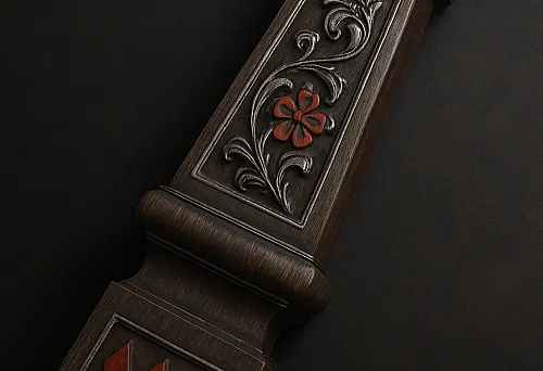 Резная мебельная балясина из тёмного дерева с цветочным орнаментом и геометрическим декором в традиционном стиле