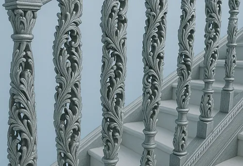 Резные деревянные балясины с классическим орнаментом на лестнице
