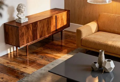 Современный интерьер с мебелью из дерева и элементами полиуретана.