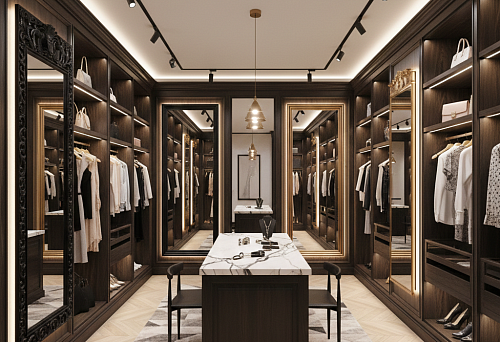 Гардеробная как шоу-рум: плинтусы, зеркала, рамы и подсветка