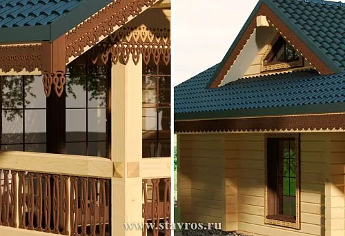 Декоративный деревянный фронтон с резными элементами на фасаде дома