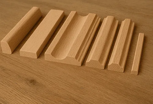 Деревянные плинтусы разных форм и размеров, разложенные на деревянной поверхности
