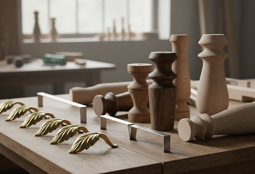 декоративные мебельные ручки и точеные опоры на деревянном столе