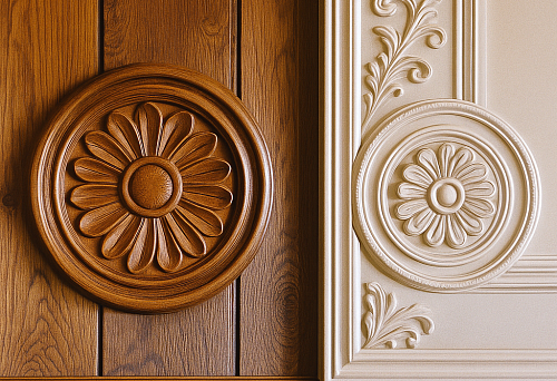 Деревянная и полиуретановая розетки в классическом интерьере.