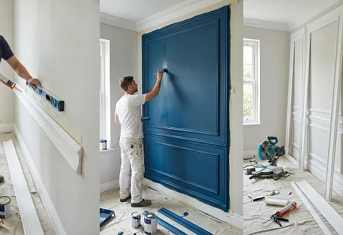 Монтаж настенных полиуретановых молдингов с использованием уровня и клеевого состава.