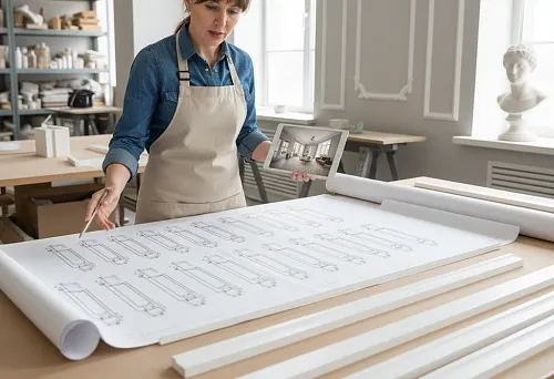 Дизайнер в мастерской изучает чертежи профилей лепнины, держа в руках планшет с примером интерьера; на столе развернуты технические схемы и образцы профилей.