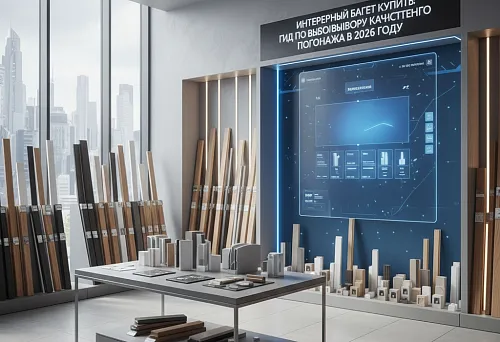 Шоурум с образцами интерьерного багета и погонажа, современные стеллажи с деревянными профилями и экспозицией материалов для отделки