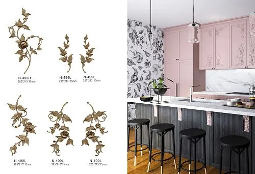 Декоративные мебельные накладки в форме цветов и листьев, примеры резных орнаментов с артикулами и размерами