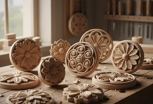 Резные декоративные розетки из массива дерева с цветочными и геометрическими орнаментами на рабочем столе столярной мастерской