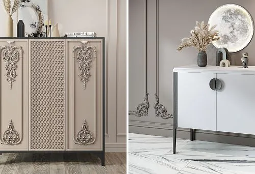 Изысканный классический комод с декоративной резьбой в интерьере квартиры, меблировка под ключ