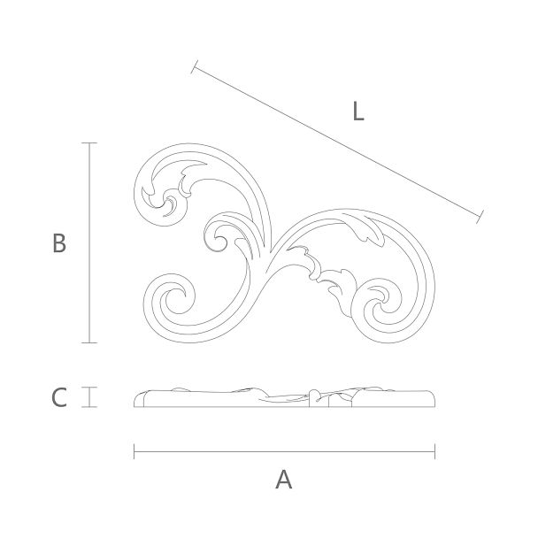 Деревянный декоративный элемент N-283R с резьбой в виде растительного узора чертеж