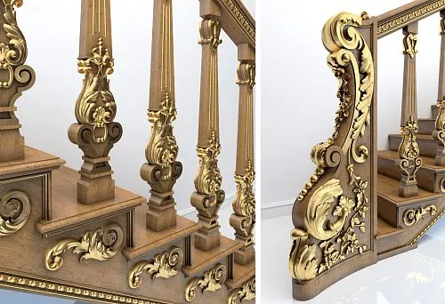 Общий вид лестницы с декоративными резными балясинами и художественно оформленным поручнем