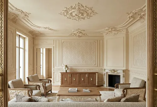 интерьер 2026 года с декоративным обрамлением дверного проема в классическом стиле