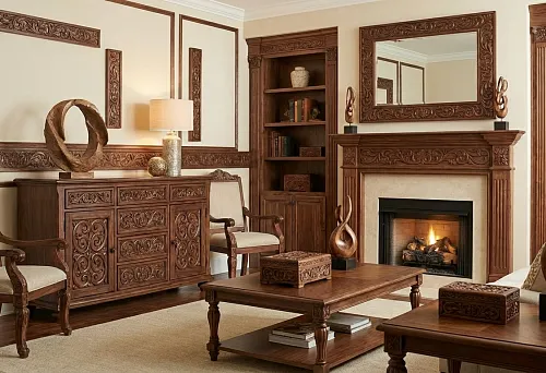 Классический интерьер с декоративными накладками на стены и мебель: единый орнамент по периметру