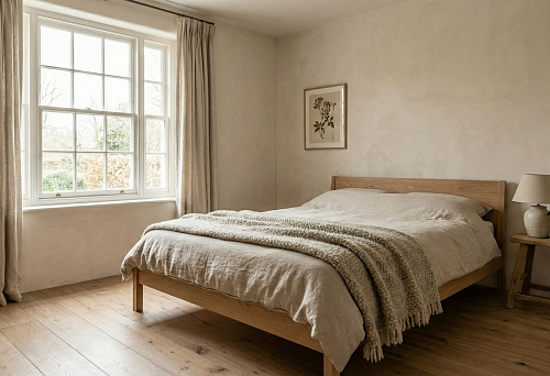 Спальня в натуральных тонах с деревянной мебелью и минималистичной отделкой.