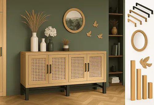 Стильный деревянный комод с плетёными дверцами в интерьере с зелёной стеной и декоративными элементами.