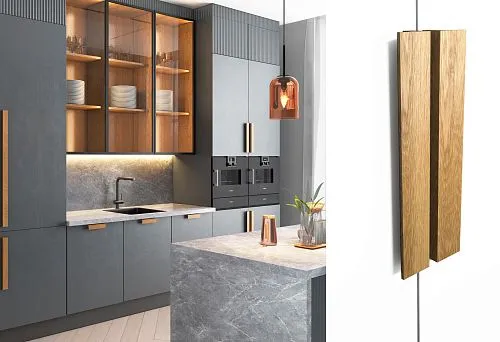 Современная кухня с серыми фасадами и длинными деревянными ручками