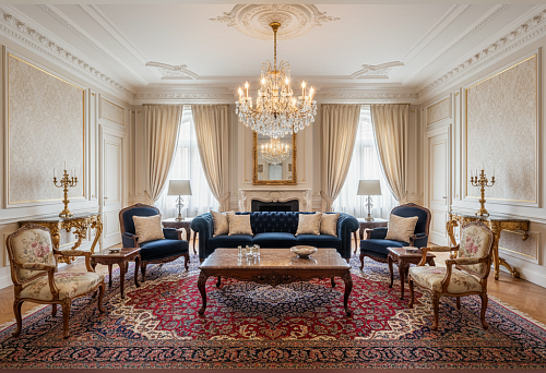 Классическая мебель из массива в интерьере с лепниной и люстрой