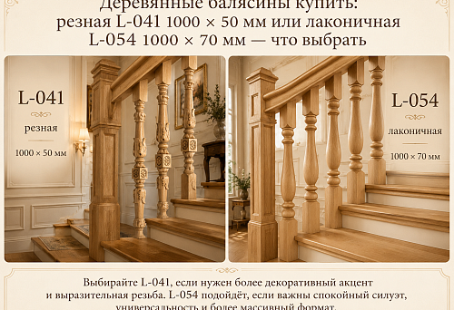 Деревянные балясины купить: резная L-041 1000 × 50 мм или лаконичная L-054 1000 × 70 мм — что выбрать