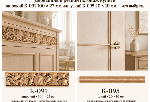 Деревянный резной погонаж купить: широкий K-091 100 × 27 мм или узкий K-095 20 × 10 мм — что выбрать
