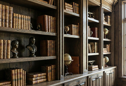 Деревянные полки с интерьерными книгами для декора: классические тома в кожаных переплётах, тёплая фактура дерева и атмосфера домашней библиотеки