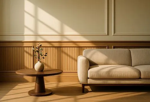 современный интерьер с бежевым диваном и круглым деревянным столиком на фоне стены с декоративными молдингами