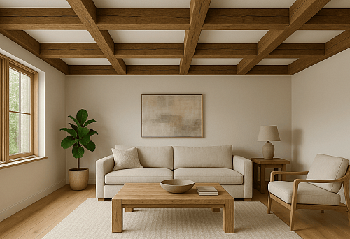 Светлая гостиная с потолком, оформленным фальш балками из дерева в виде сетки