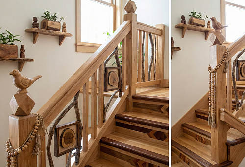 Перила и ограждение лестницы из дерева: DIY декор с деревянными стойками и фигурными вставками