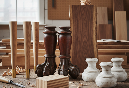 Разнообразные мебельные опоры из дерева и металла в мастерской — точёные, фигурные и цилиндрические модели