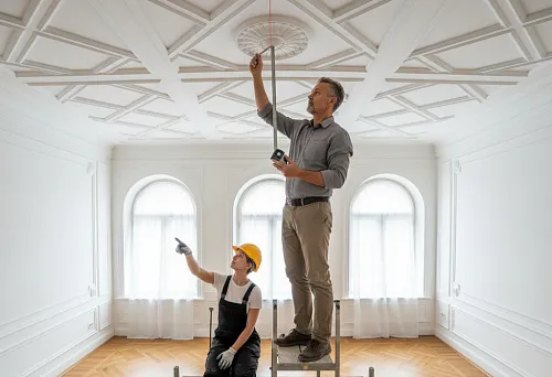 Монтажники проверяют геометрию и швы лепного потолка: мастер стоит на строительных лесах, измеряя положение потолочной розетки,