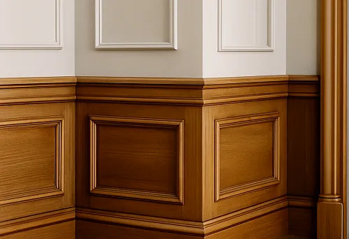 Плинтусы и молдинги из массива дерева в классическом интерьере.