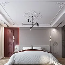 Комплект лепного декора CPU-P6 в интерьере спальни с потолочным декором и люстрой